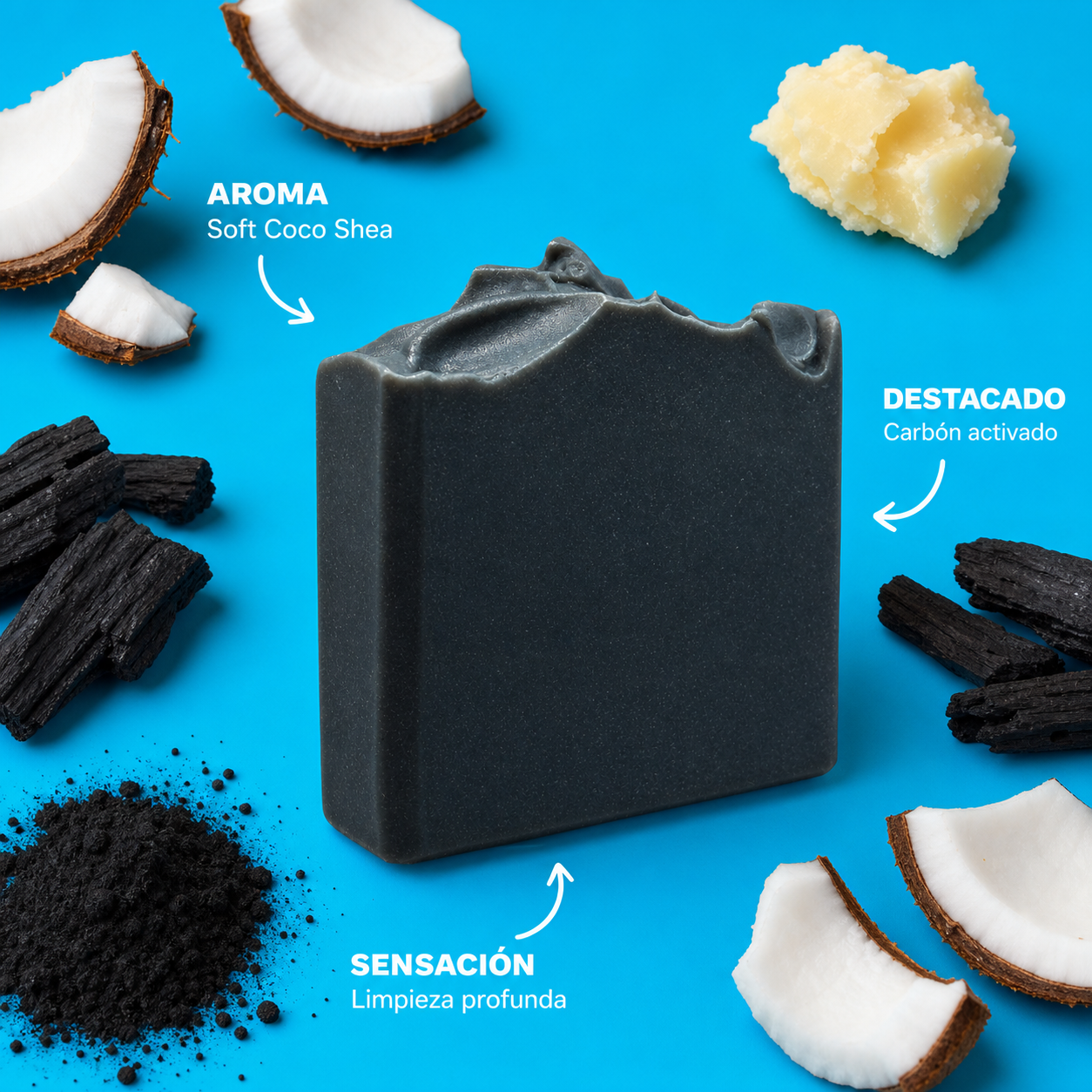 Infografia del jabon Activated Charcoal con aroma e ingredientes destacados