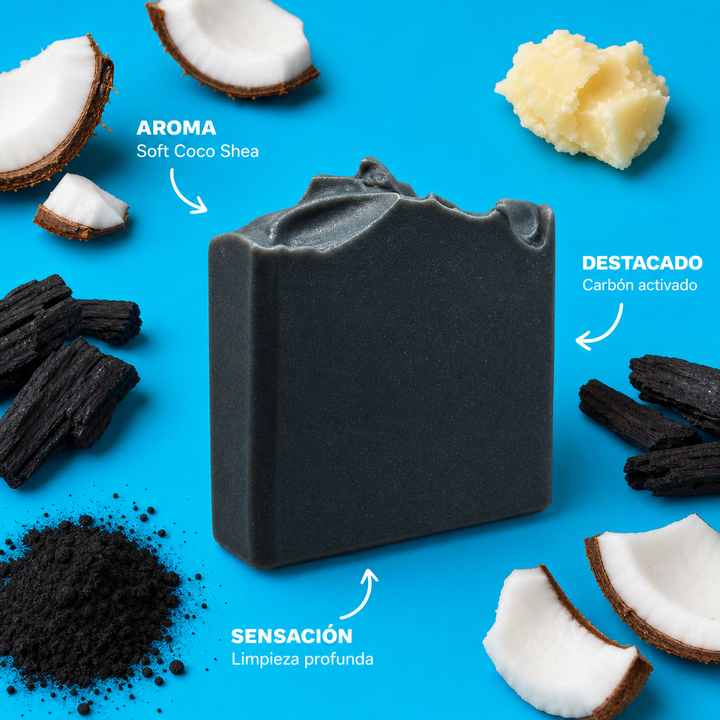 Infografia del jabon Activated Charcoal con aroma e ingredientes destacados