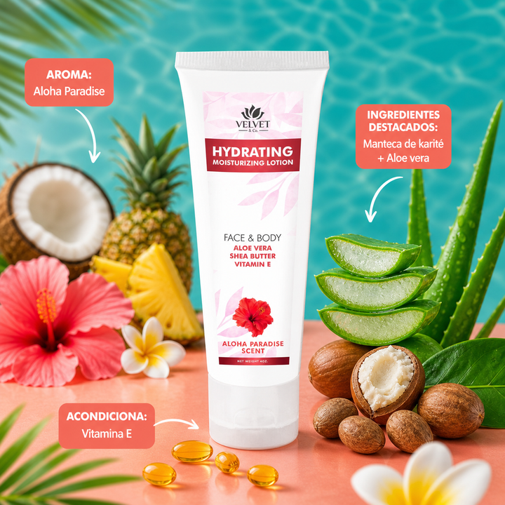 Infografia de la locion Aloha Paradise con aroma e ingredientes destacados