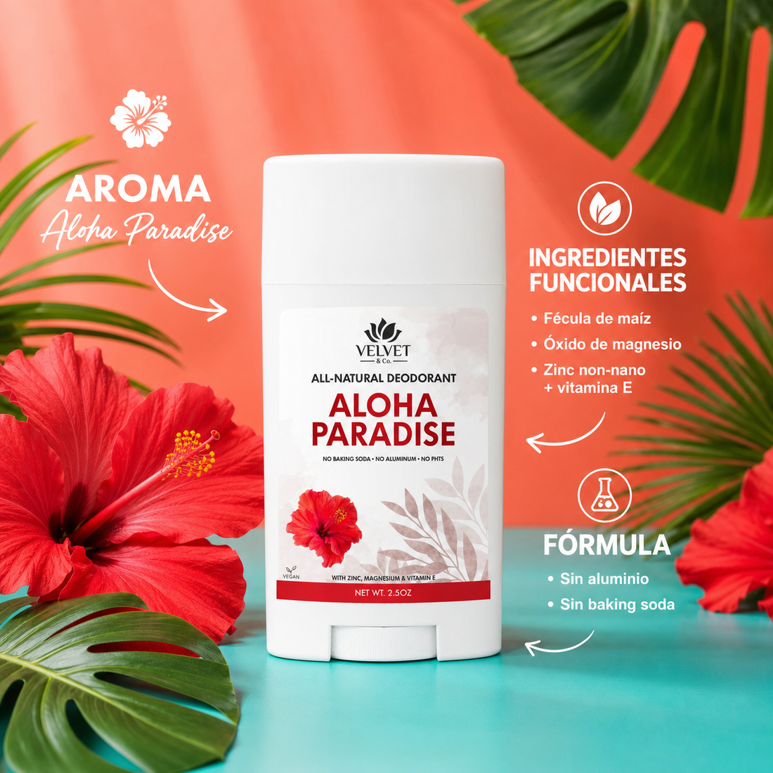 Infografia del desodorante aloha-paradise-natural-deodorant con aroma, ingredientes funcionales y formula
