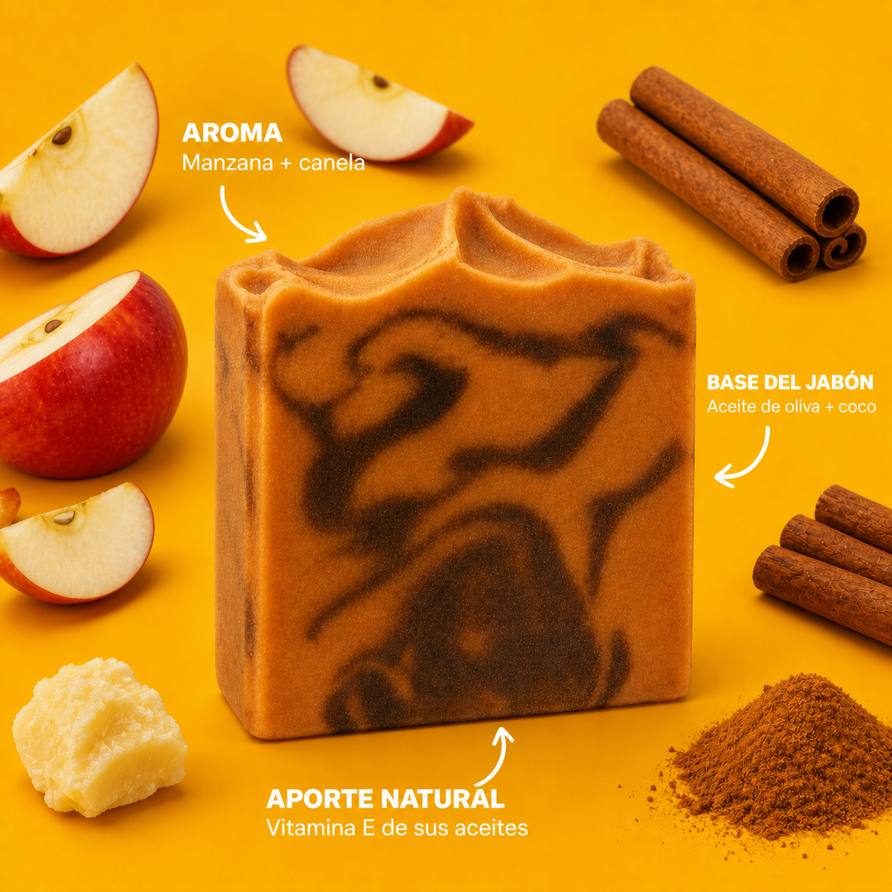 Infografia del jabon Apple Cinnamon con aroma e ingredientes destacados