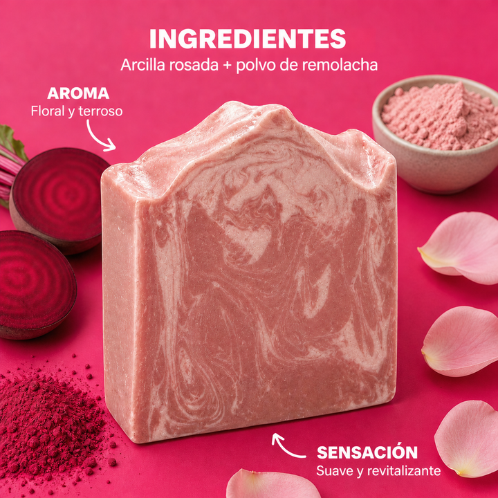 Infografia del jabon Beet Root + Pink Clay con aroma e ingredientes destacados