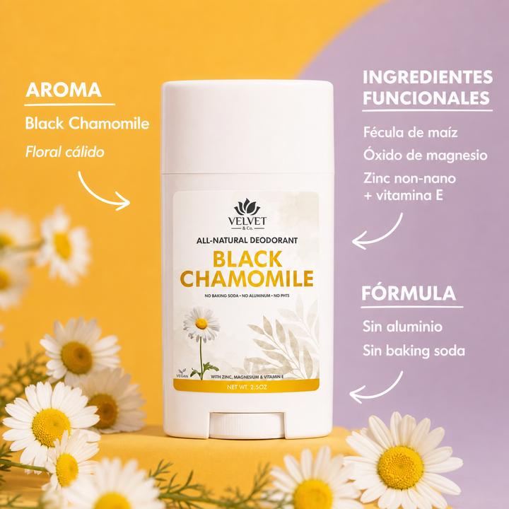 Infografia del desodorante black-chamomile-natural-deodorant con aroma, ingredientes funcionales y formula