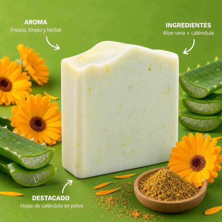Infografia del jabon Calendula + Aloe Vera con aroma e ingredientes destacados
