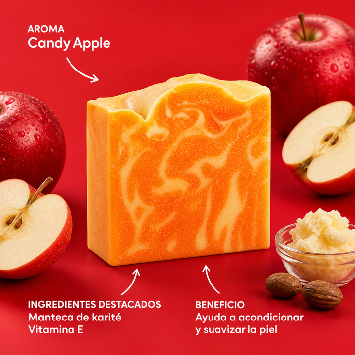 Infografia del jabon Candy Apple con aroma e ingredientes destacados