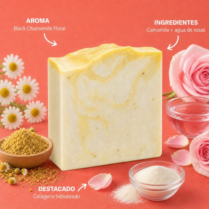 Infografia del jabon Chamomile + Collagen con aroma e ingredientes destacados