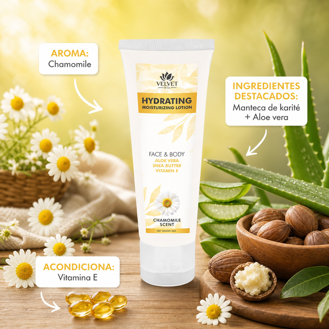 Infografia de la locion Chamomile con aroma e ingredientes destacados