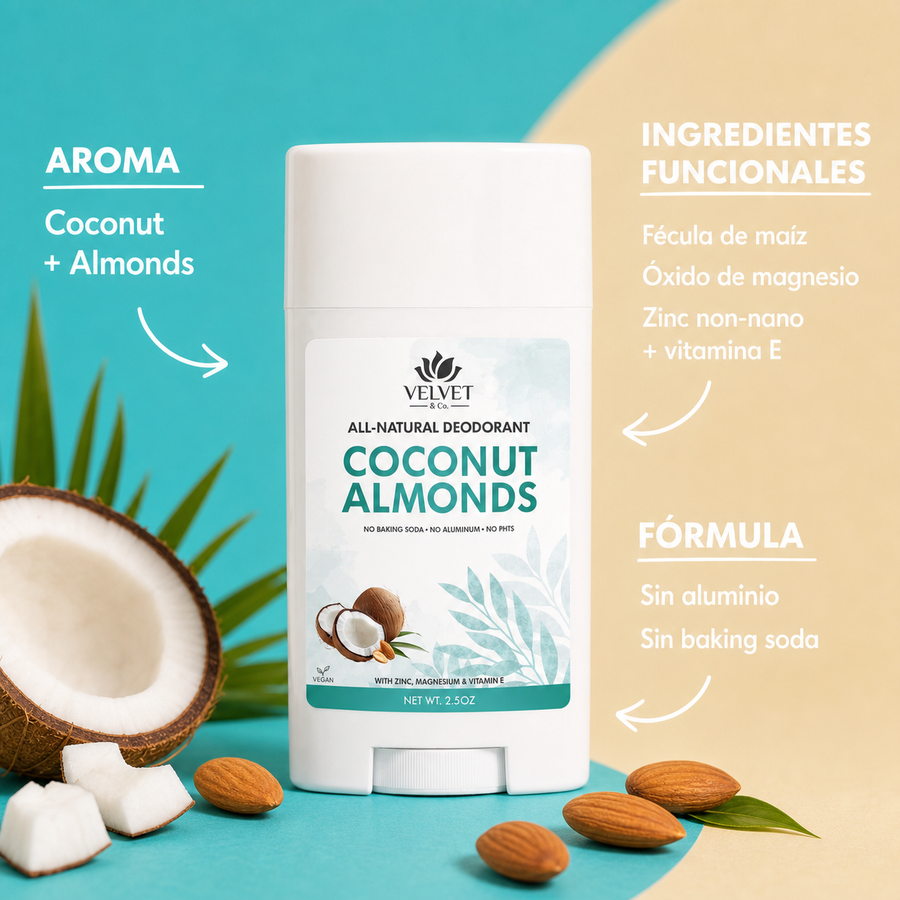 Infografia del desodorante coconut-almonds-natural-deodorant con aroma, ingredientes funcionales y formula