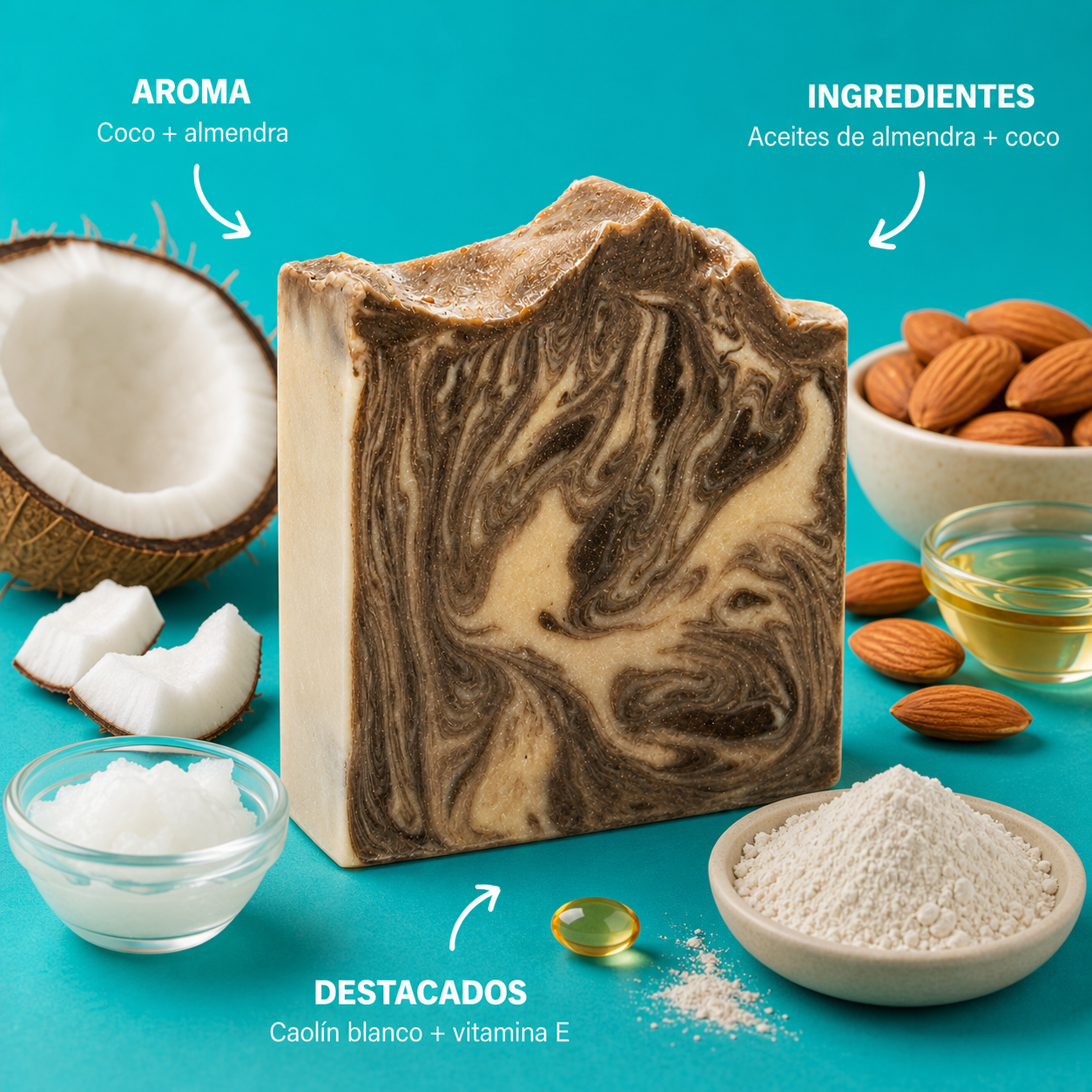 Infografia del jabon Coconut + Almonds con aroma e ingredientes destacados
