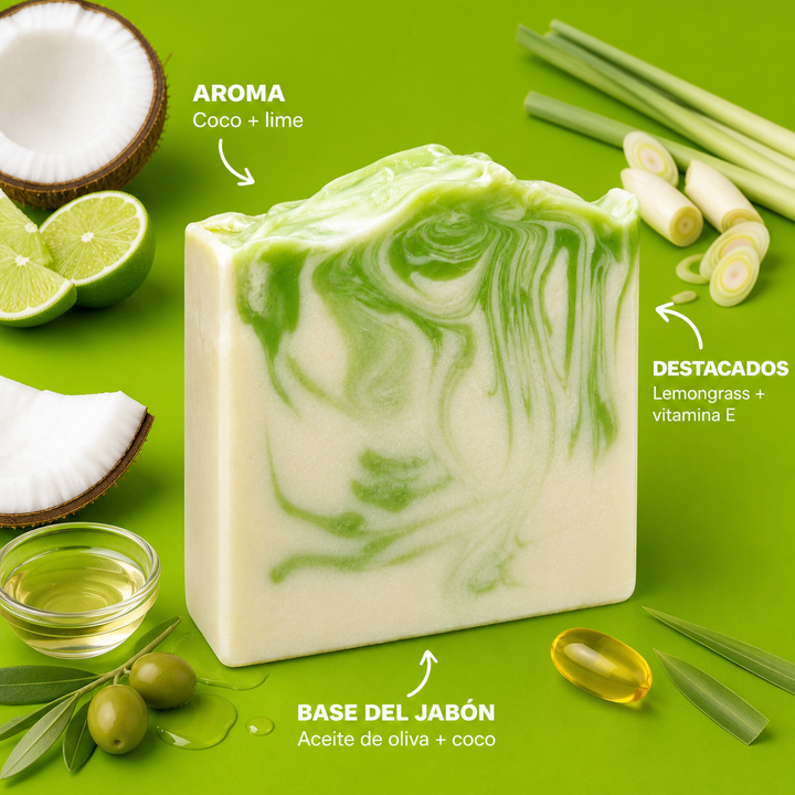 Infografia del jabon Coconut + Lime con aroma e ingredientes destacados