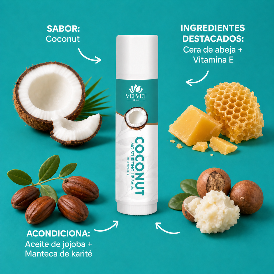 Infografia del balsamo labial Coconut con sabor e ingredientes destacados