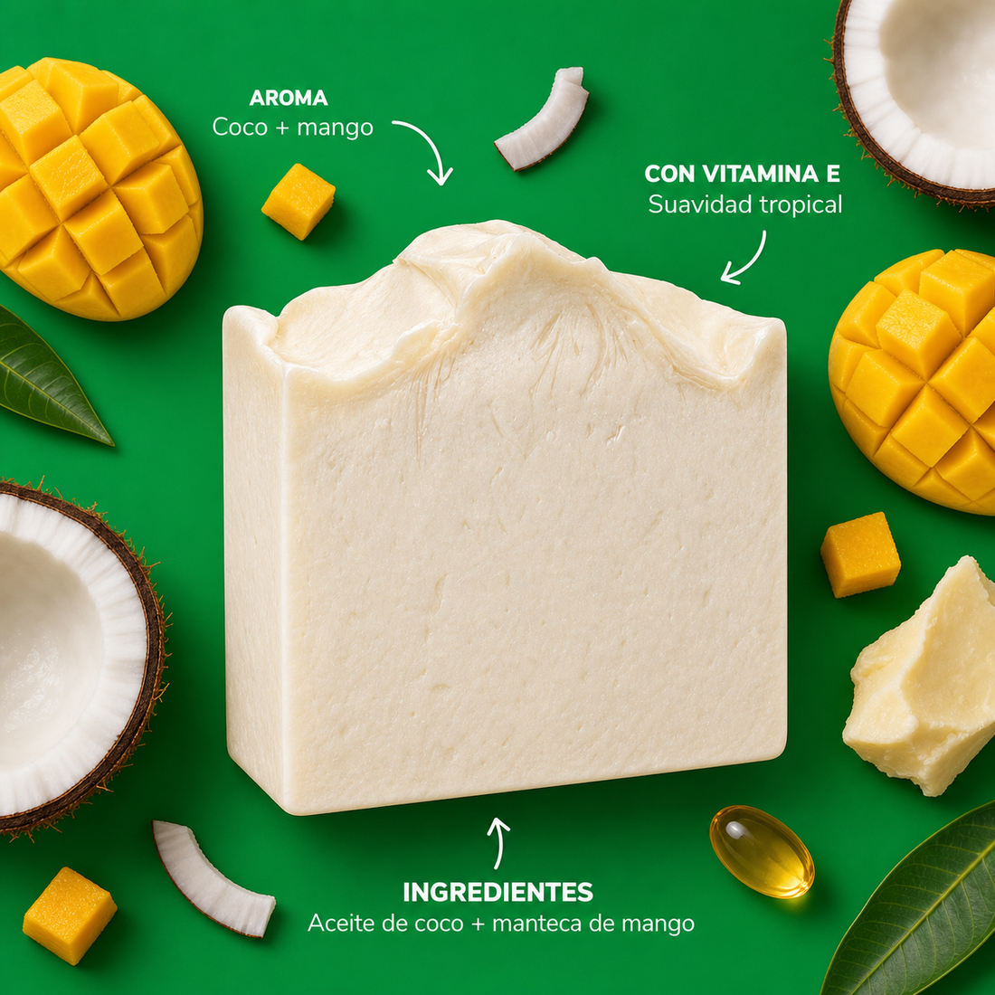Infografia del jabon Coconut + Mango con aroma e ingredientes destacados