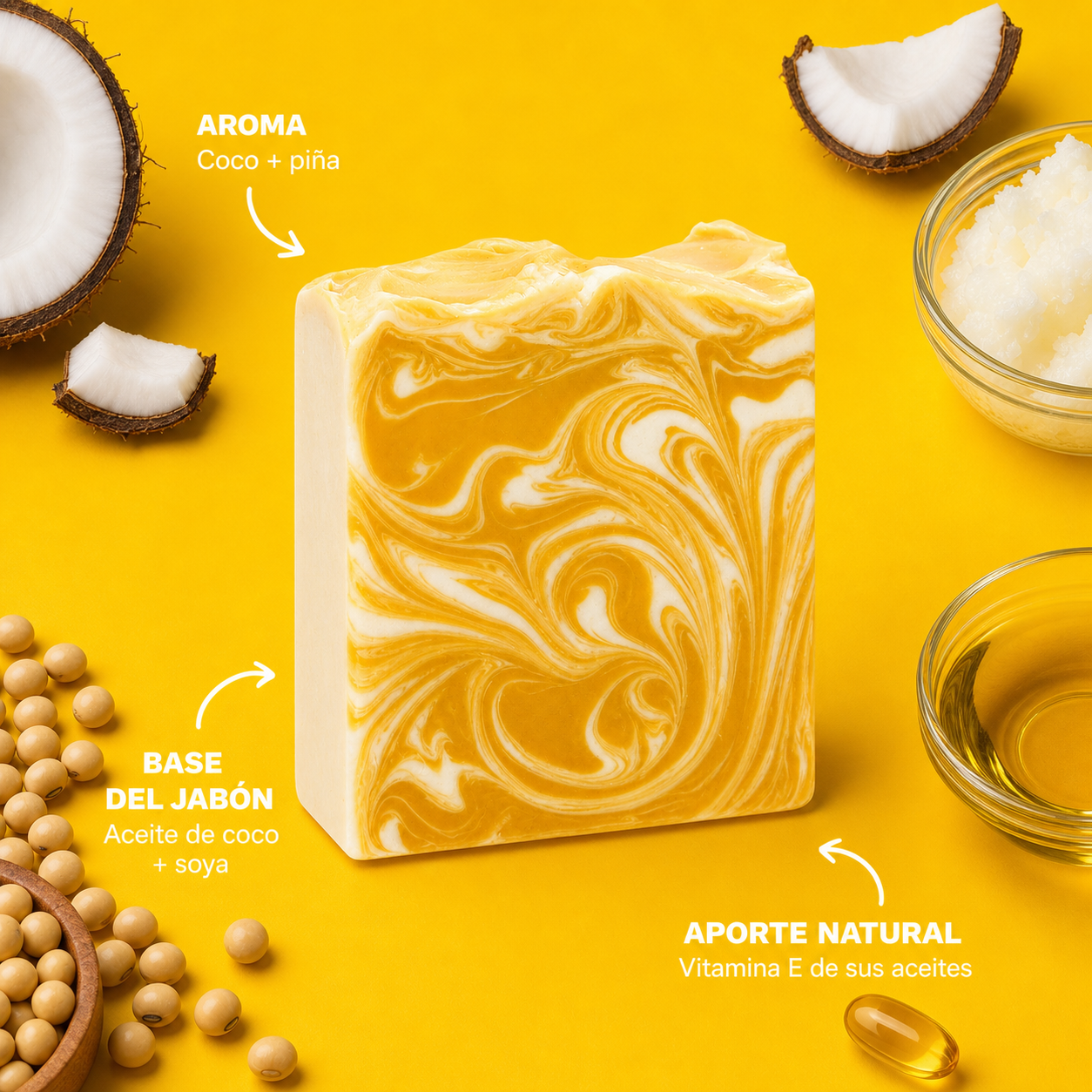 Infografia del jabon Coconut + Pineapple con aroma e ingredientes destacados