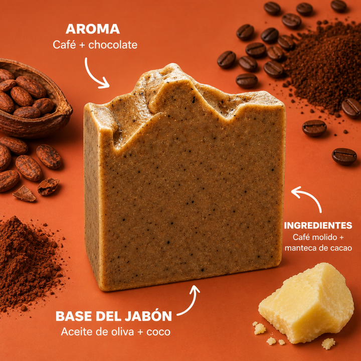 Infografia del jabon Coffee + Chocolate con aroma e ingredientes destacados