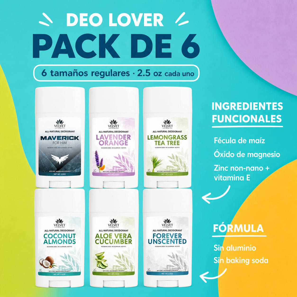 Infografia del paquete Deo Lover con 6 desodorantes regulares de 2.5 oz