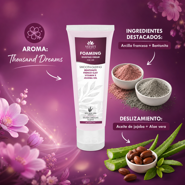 Infografia de la crema de afeitar para mujer con aroma e ingredientes destacados