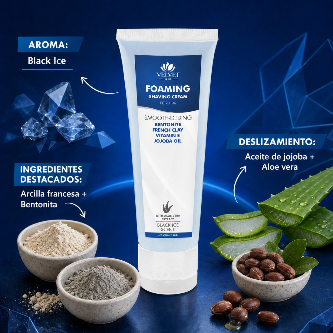 Infografia de la crema de afeitar para hombre con aroma e ingredientes destacados
