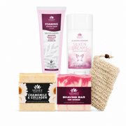 Grooming para Ella · 5 piezas con jabón Chamomile & Collagen, shaving bar, crema de afeitar, desodorante Silken Dreams y bolsa de sisal