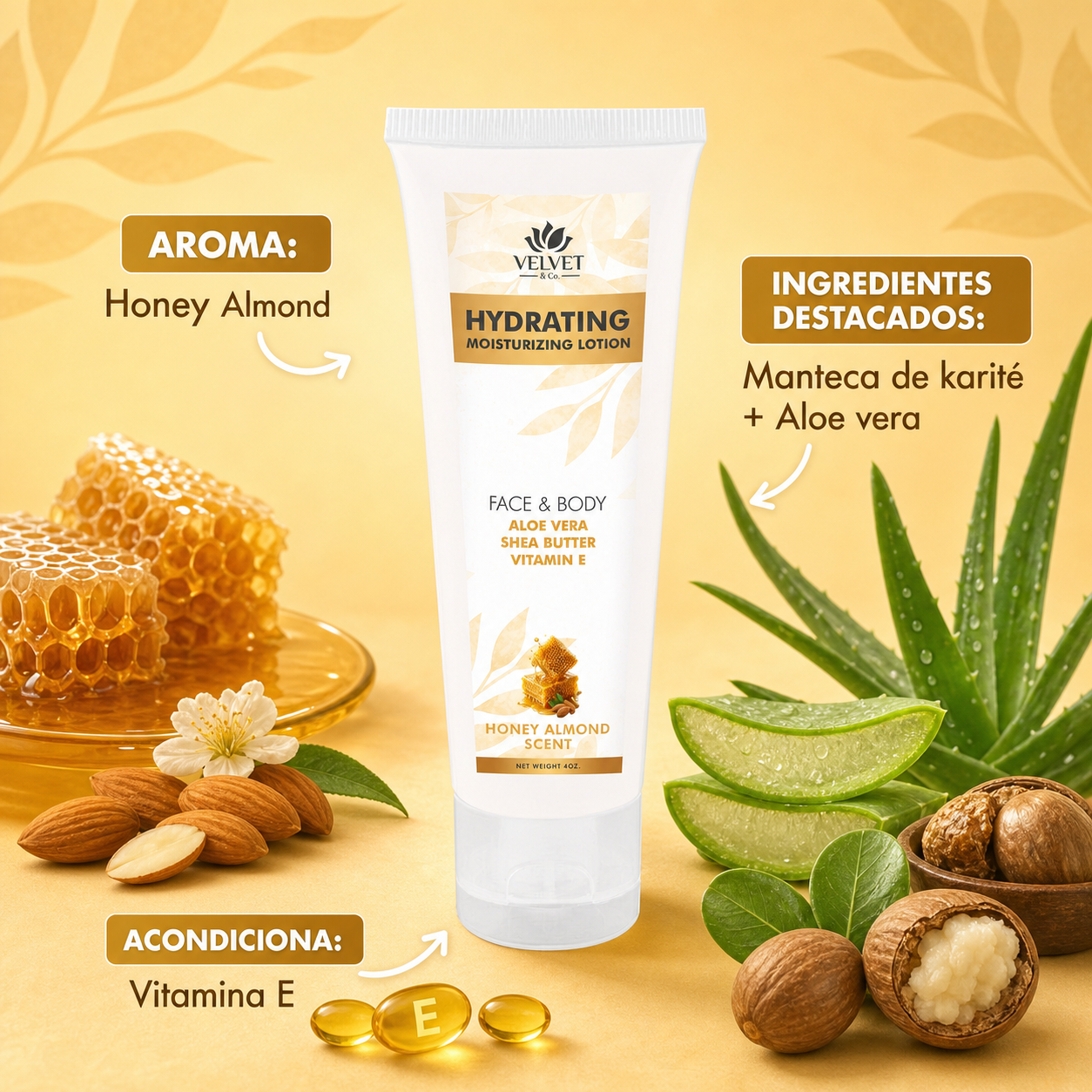 Infografia de la locion Honey Almond con aroma e ingredientes destacados
