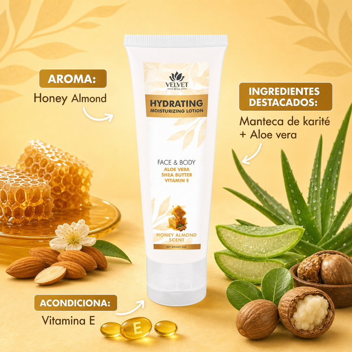 Infografia de la locion Honey Almond con aroma e ingredientes destacados