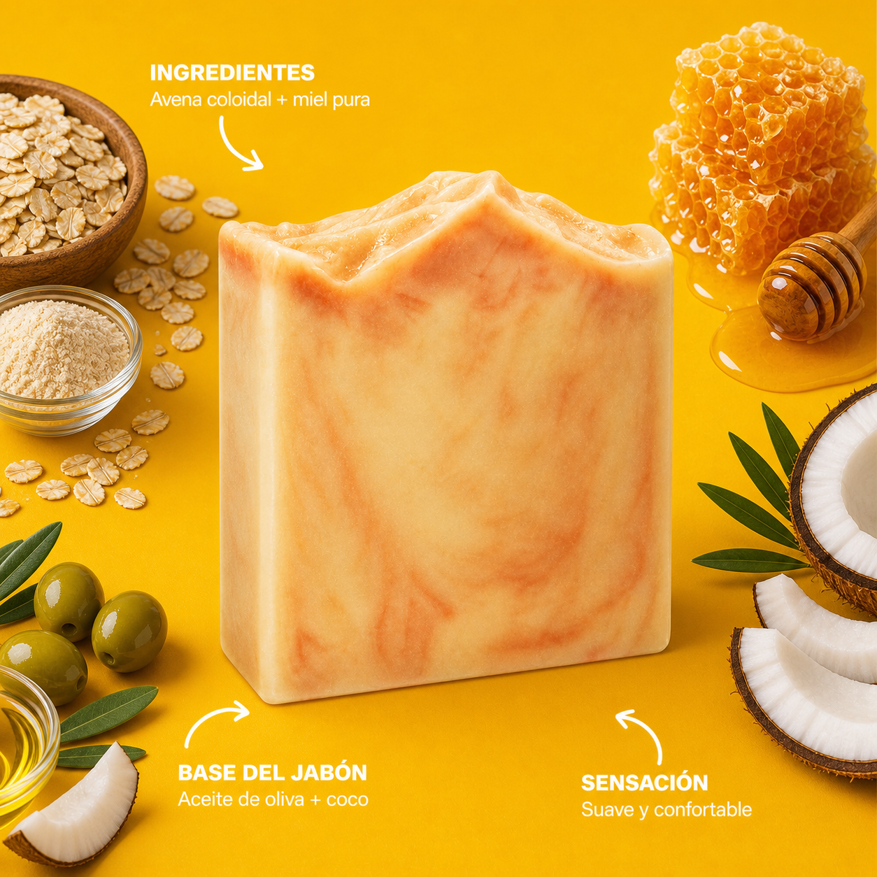 Infografia del jabon Honey + Oats con aroma e ingredientes destacados