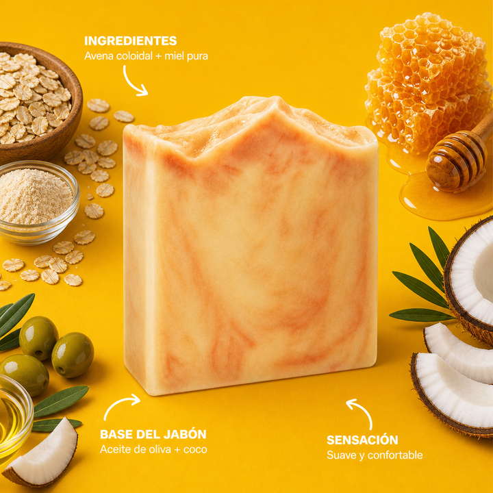 Infografia del jabon Honey + Oats con aroma e ingredientes destacados