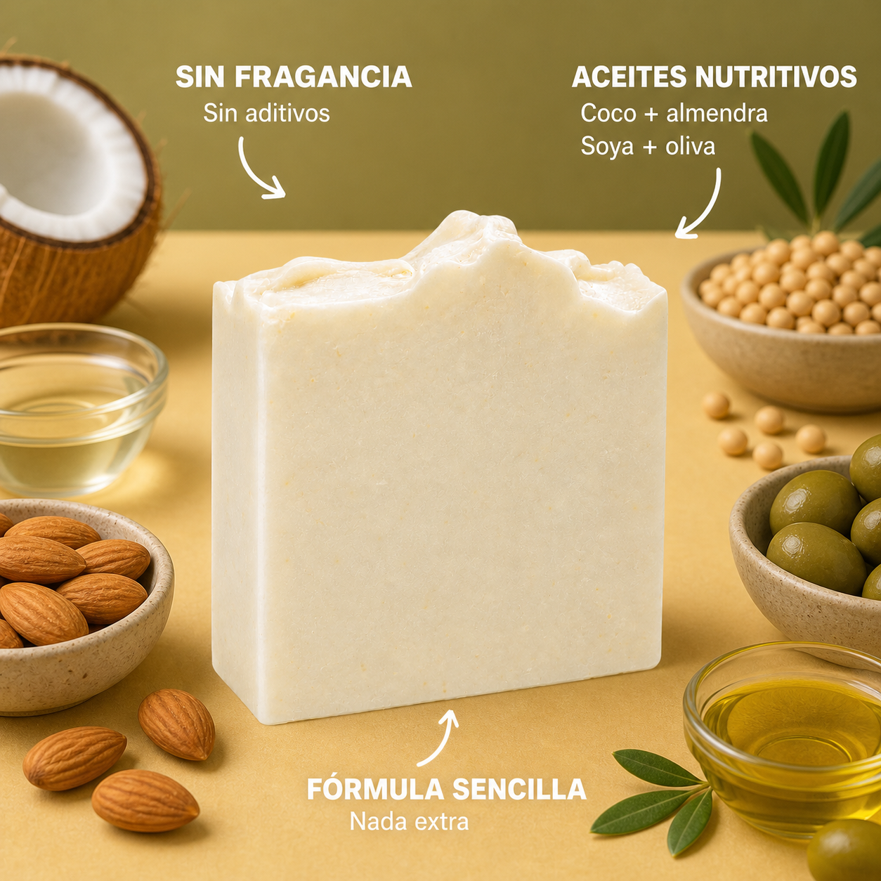 Infografia de Just Naked con aceites de coco almendra soya y oliva