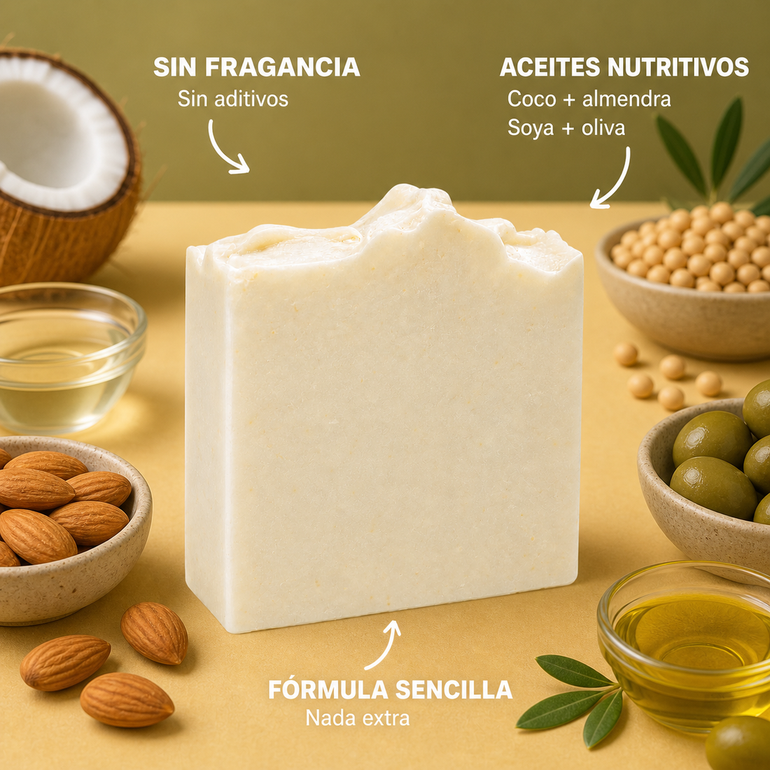 Infografia de Just Naked con aceites de coco almendra soya y oliva