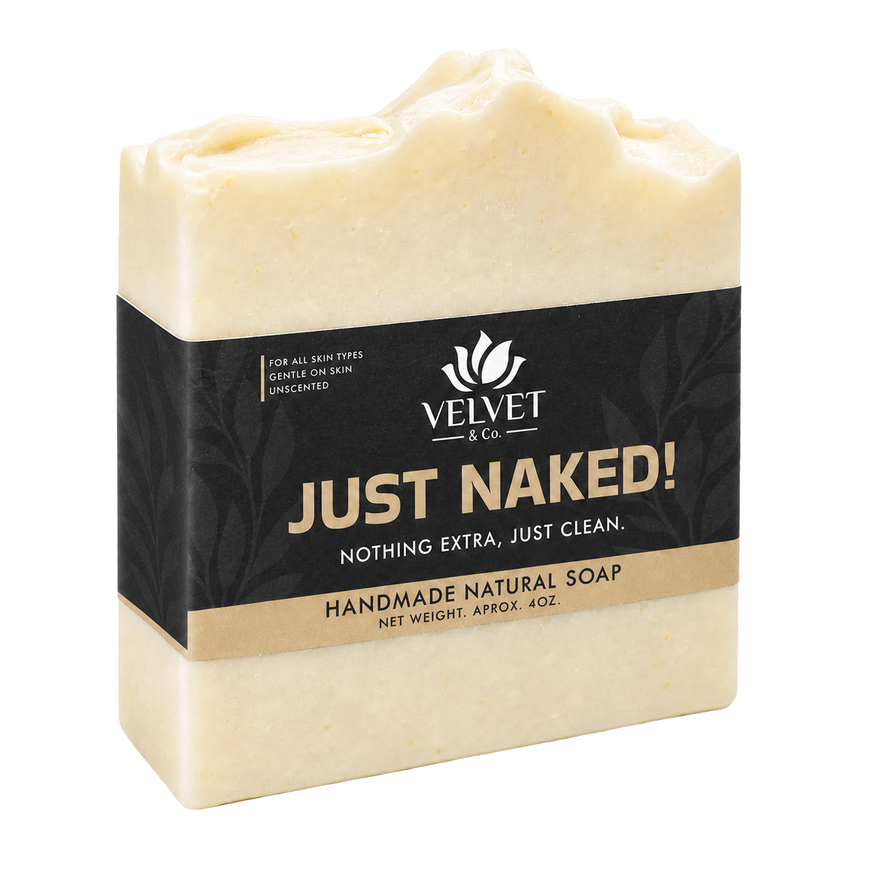 Jabon artesanal Just Naked de Velvet y Co. sin fragancia ni aditivos, fondo transparente