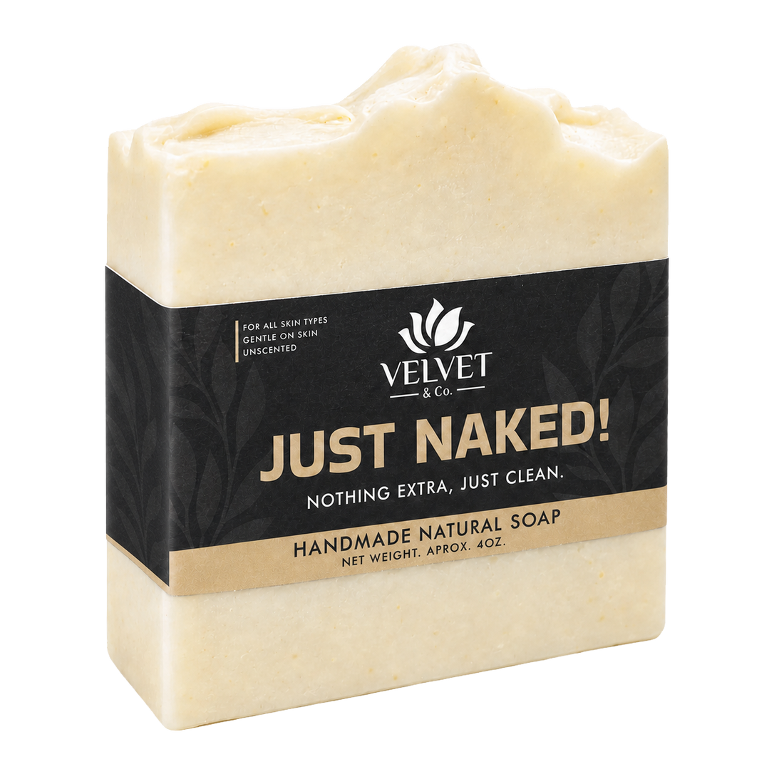Jabon artesanal Just Naked de Velvet y Co. sin fragancia ni aditivos, fondo transparente