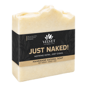 Jabon artesanal Just Naked de Velvet y Co. sin fragancia ni aditivos, fondo transparente