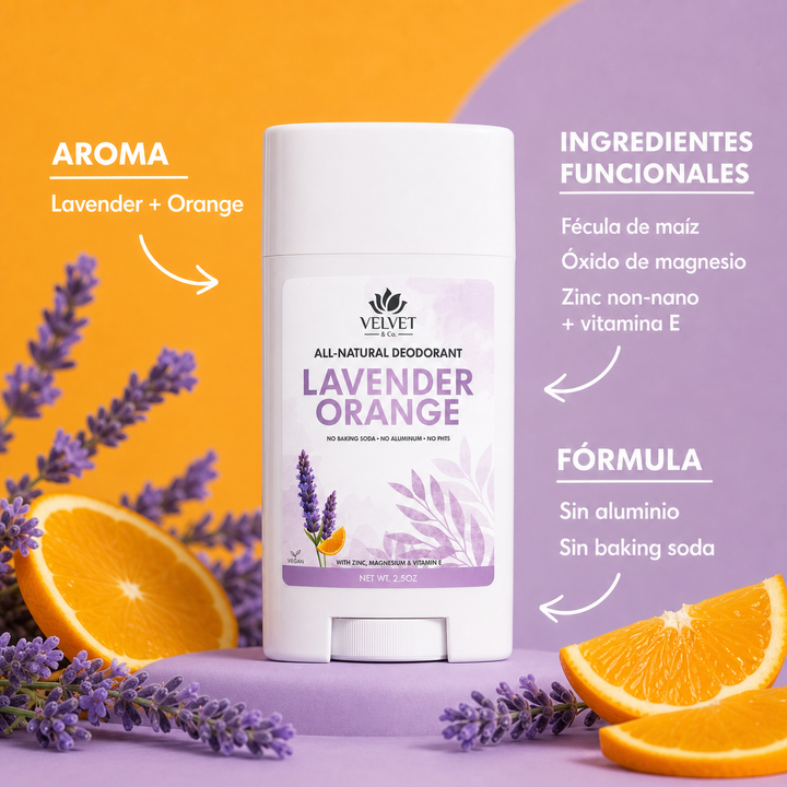 Infografia del desodorante lavender-orange-natural-deodorant con aroma, ingredientes funcionales y formula