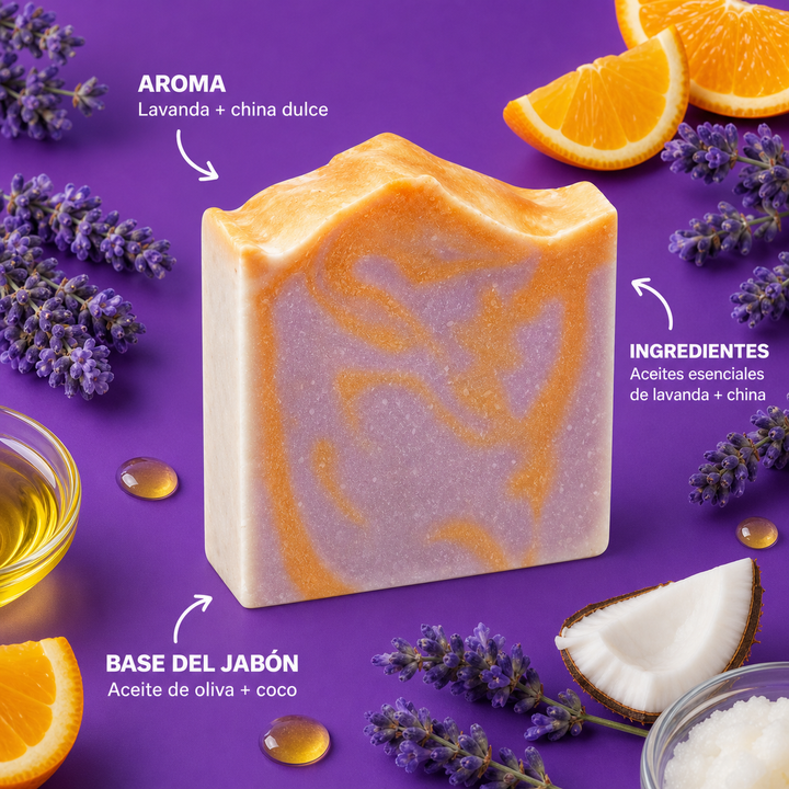 Infografia del jabon Lavender + Orange con aroma e ingredientes destacados