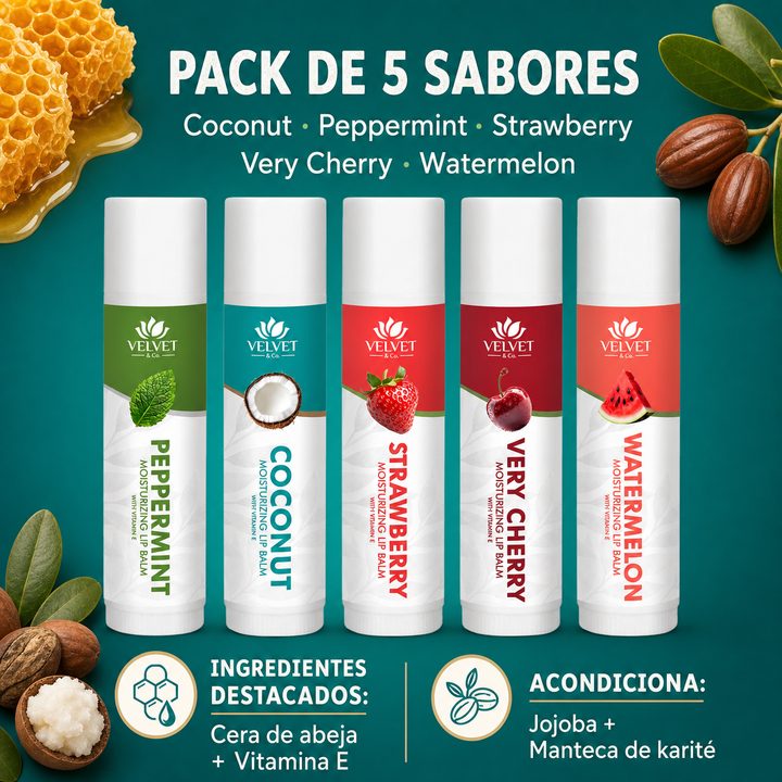 Infografia del paquete de cinco balsamos labiales con envases uniformes e ingredientes destacados