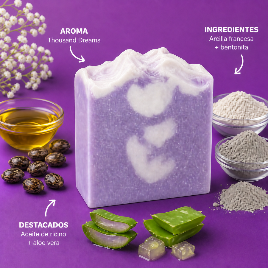 Infografia del jabon facial Makeup Cleanser con aroma e ingredientes destacados