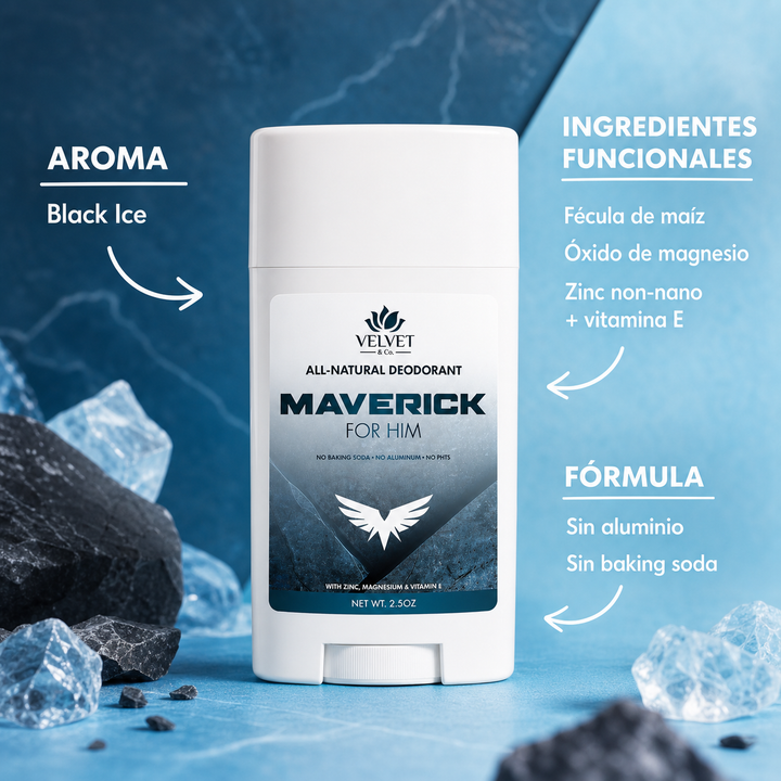 Infografia del desodorante maverick-natural-deodorant-for-men con aroma, ingredientes funcionales y formula