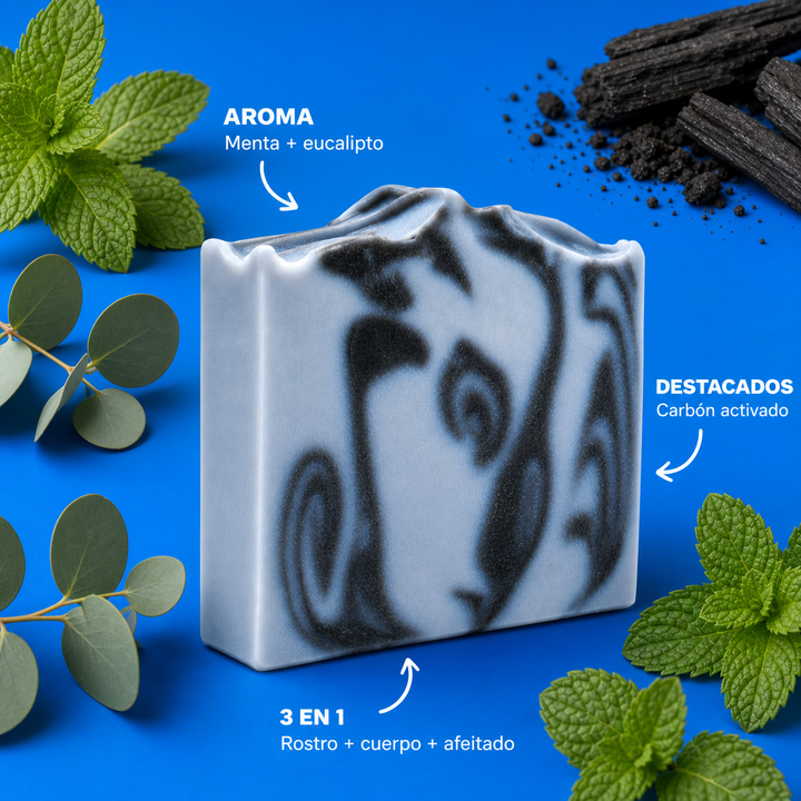 Infografia del jabon Maverick para hombre con aroma e ingredientes destacados