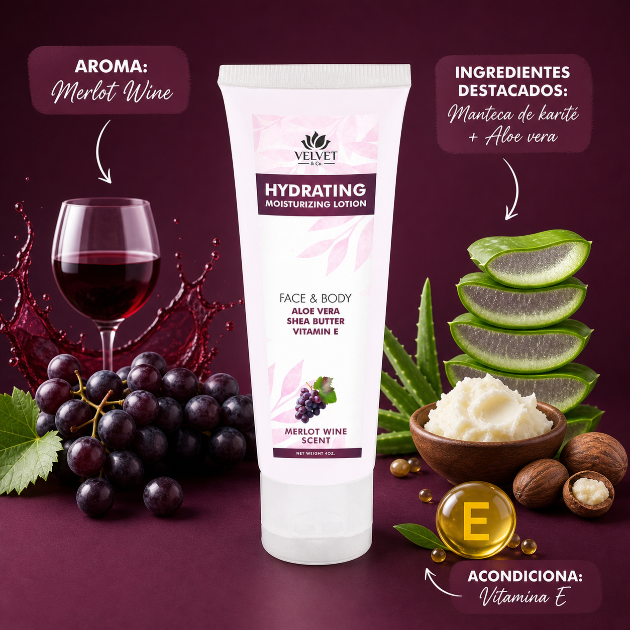 Infografia de la locion Merlot Wine con aroma e ingredientes destacados