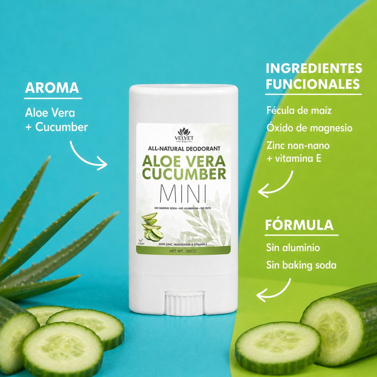 Infografia uniforme del mini desodorante Aloe Vera + Cucumber