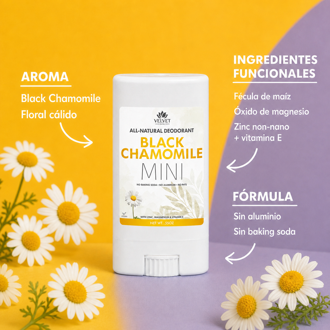 Infografia uniforme del mini desodorante Black Chamomile