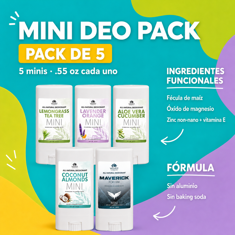 Infografia del paquete de 5 mini desodorantes de .55 oz