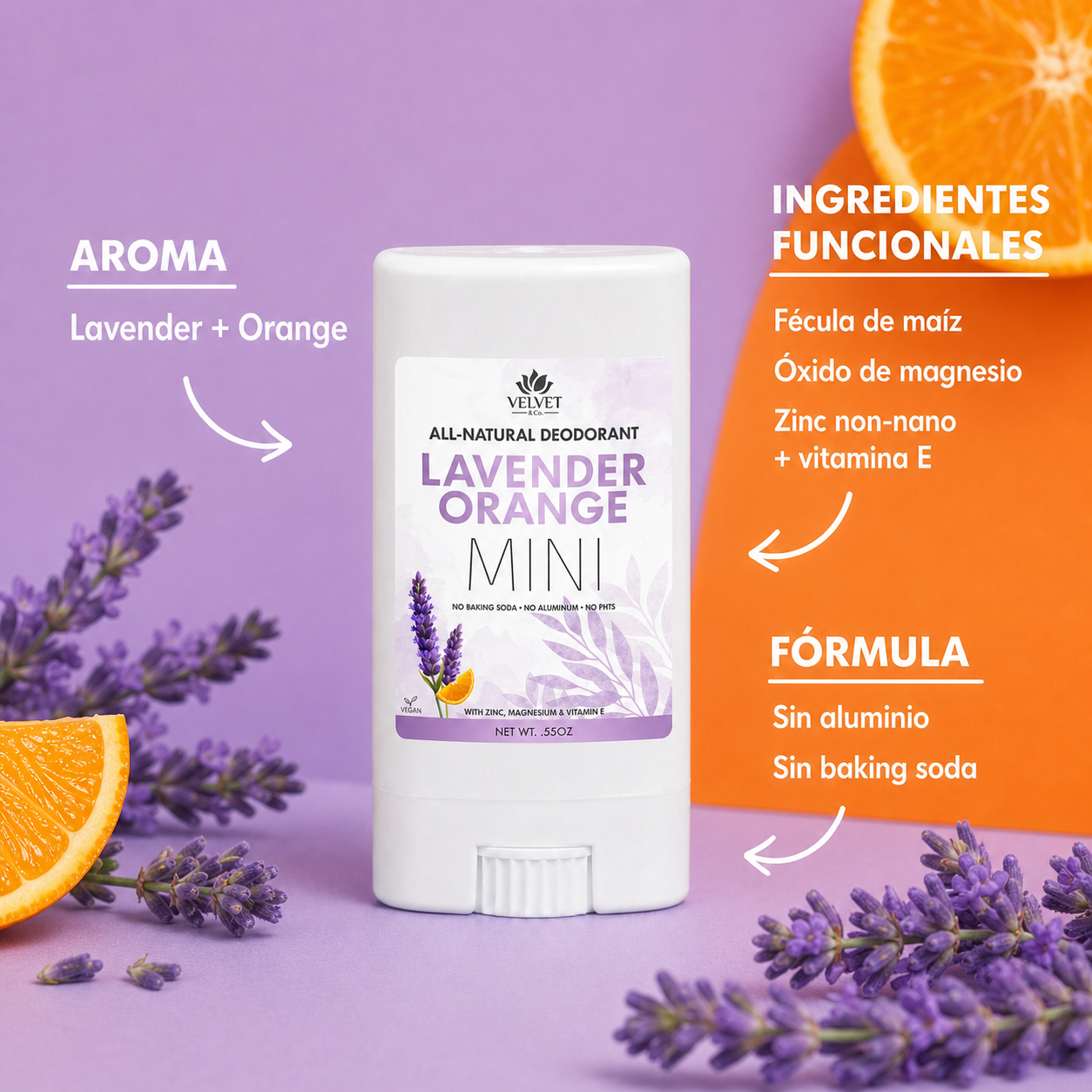 Infografia uniforme del mini desodorante Lavender + Orange