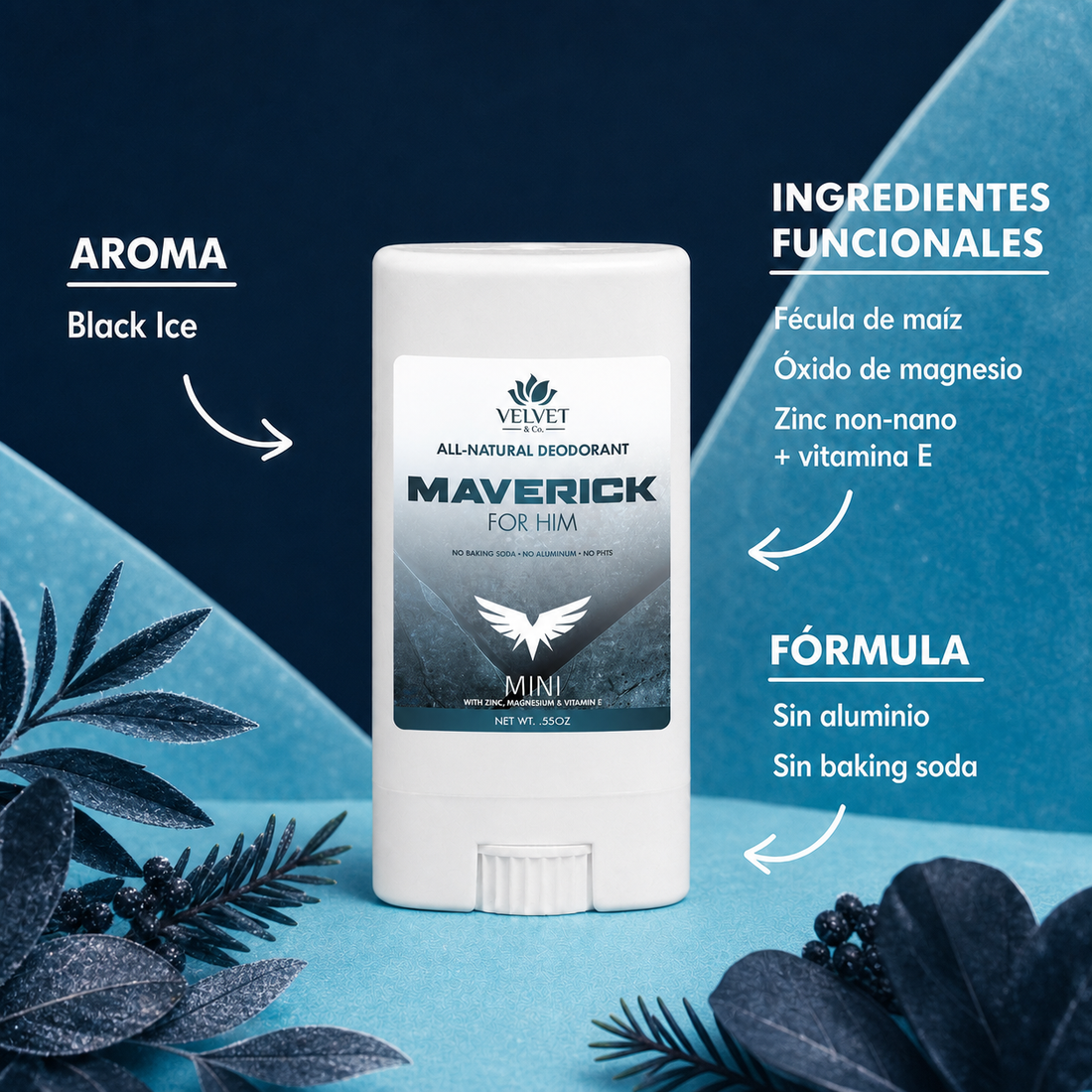Infografia uniforme del mini desodorante Maverick aroma Black Ice