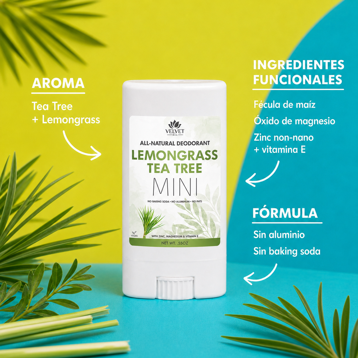 Infografia uniforme del mini desodorante Tea Tree + Lemongrass