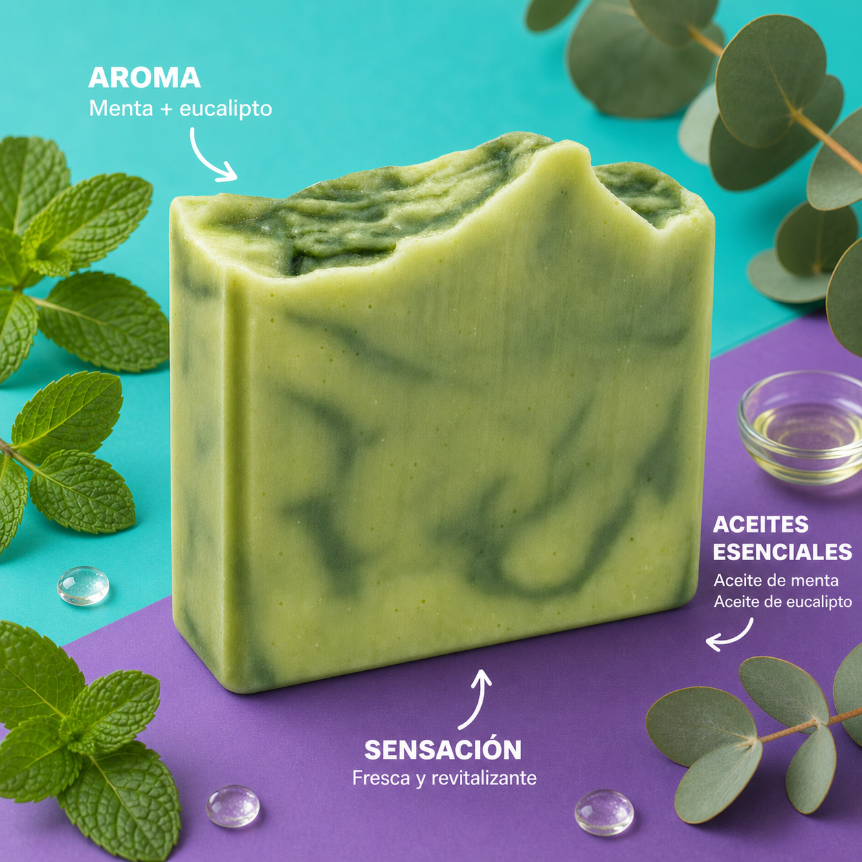 Infografia de Mint y Eucalyptus con aceites esenciales de menta y eucalipto