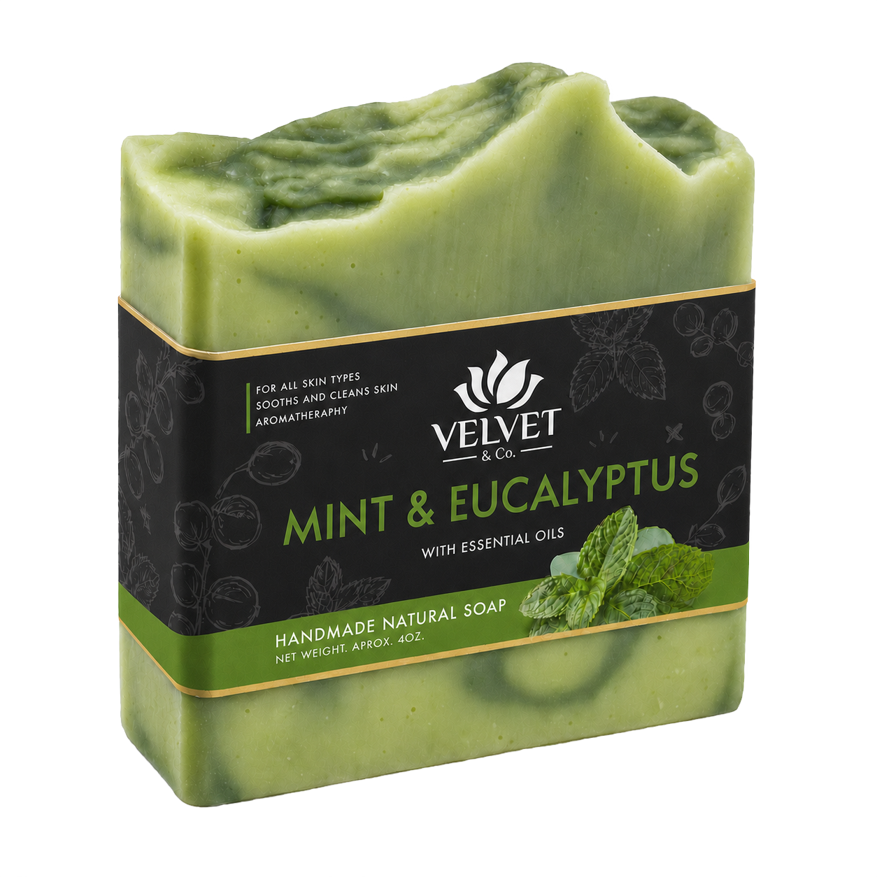 Jabon artesanal Mint y Eucalyptus de Velvet y Co. con aceites esenciales, fondo transparente