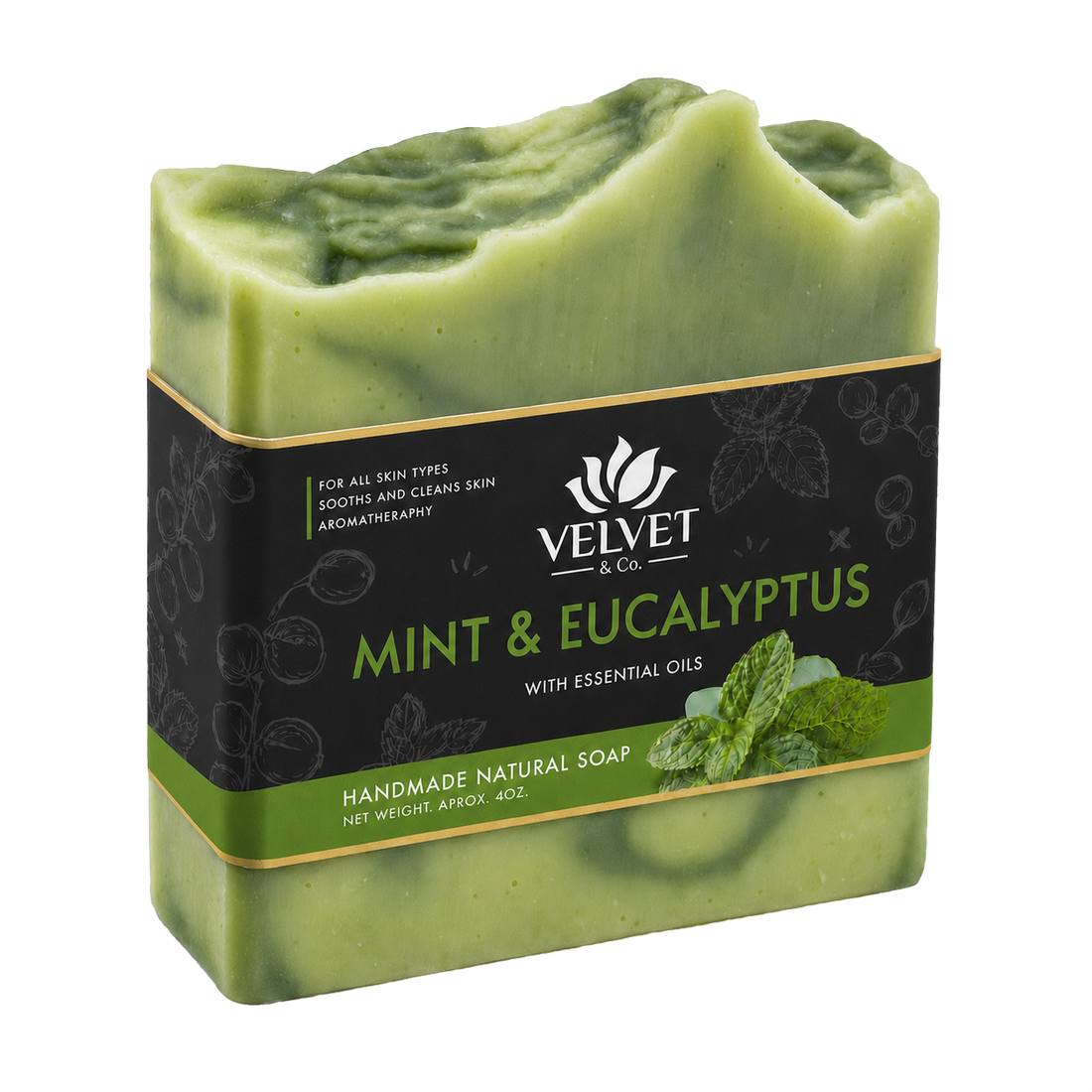 Jabon artesanal Mint y Eucalyptus de Velvet y Co. con aceites esenciales, fondo transparente