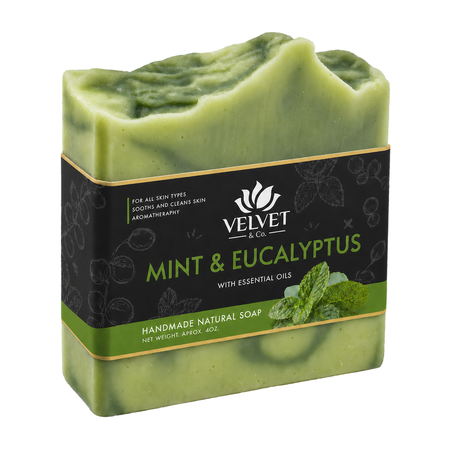 Jabon artesanal Mint y Eucalyptus de Velvet y Co. con aceites esenciales, fondo transparente