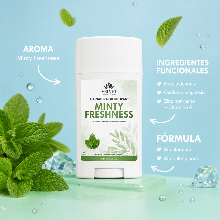 Infografia del desodorante minty-freshness-natural-deodorant con aroma, ingredientes funcionales y formula