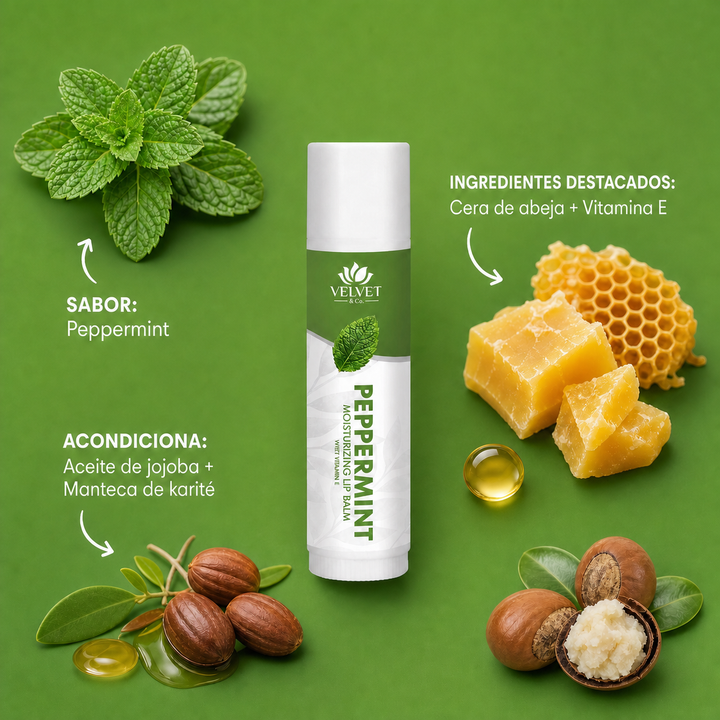 Infografia del balsamo labial Peppermint con sabor e ingredientes destacados